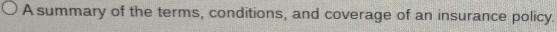 A summary of the terms, conditions, and coverage of an insurance policy.