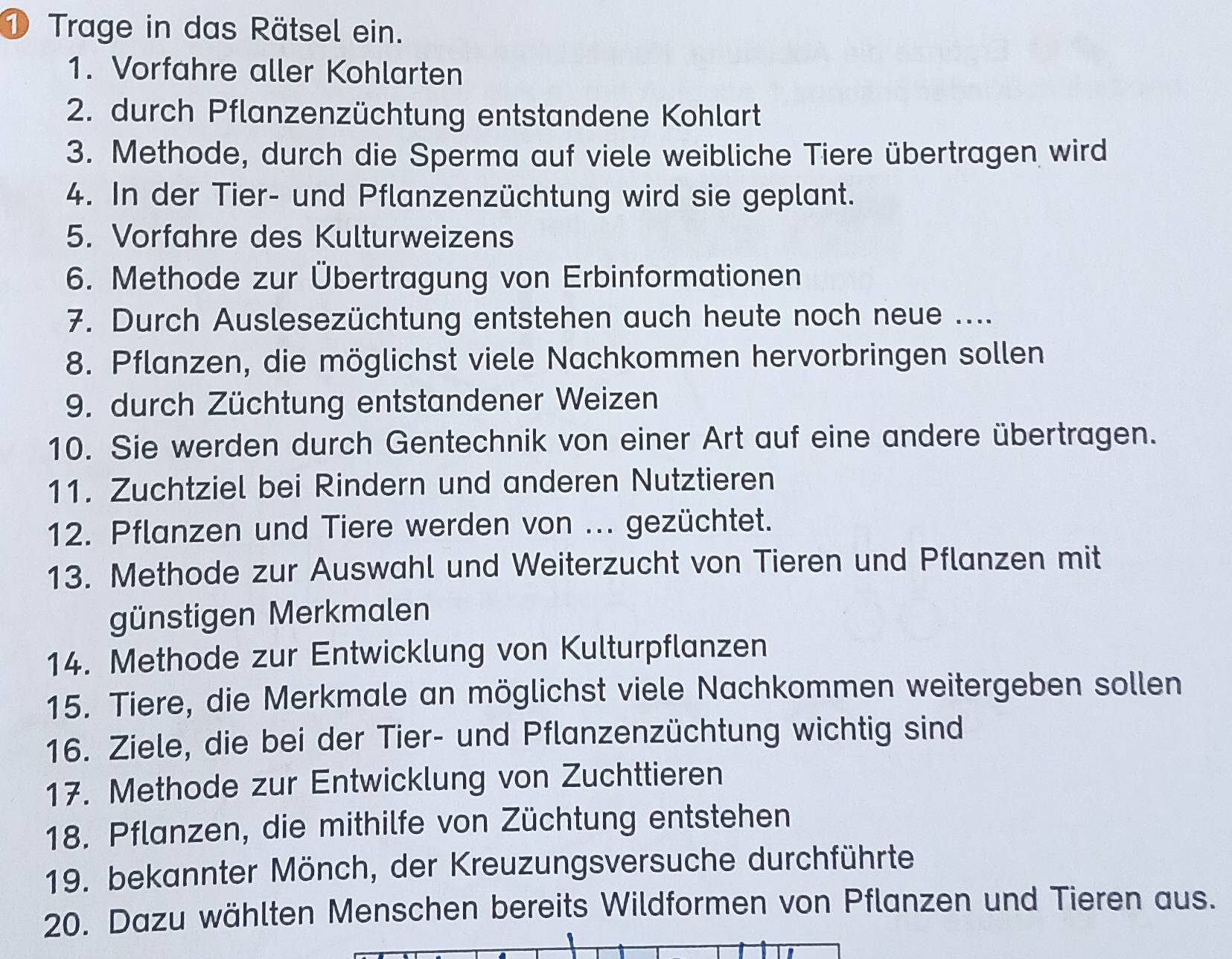 ① Trage in das Rätsel ein. 
1. Vorfahre aller Kohlarten 
2. durch Pflanzenzüchtung entstandene Kohlart 
3. Methode, durch die Sperma auf viele weibliche Tiere übertragen wird 
4. In der Tier- und Pflanzenzüchtung wird sie geplant. 
5. Vorfahre des Kulturweizens 
6. Methode zur Übertragung von Erbinformationen 
7. Durch Auslesezüchtung entstehen auch heute noch neue .... 
8. Pflanzen, die möglichst viele Nachkommen hervorbringen sollen 
9. durch Züchtung entstandener Weizen 
10. Sie werden durch Gentechnik von einer Art auf eine andere übertragen. 
11. Zuchtziel bei Rindern und anderen Nutztieren 
12. Pflanzen und Tiere werden von ... gezüchtet. 
13. Methode zur Auswahl und Weiterzucht von Tieren und Pflanzen mit 
günstigen Merkmalen 
14. Methode zur Entwicklung von Kulturpflanzen 
15. Tiere, die Merkmale an möglichst viele Nachkommen weitergeben sollen 
16. Ziele, die bei der Tier- und Pflanzenzüchtung wichtig sind 
17. Methode zur Entwicklung von Zuchttieren 
18. Pflanzen, die mithilfe von Züchtung entstehen 
19. bekannter Mönch, der Kreuzungsversuche durchführte 
20. Dazu wählten Menschen bereits Wildformen von Pflanzen und Tieren aus.