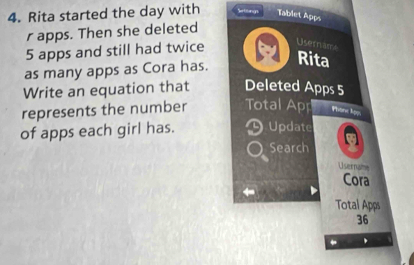 Rita started the day with Settanys Tablet Apps 
r apps. Then she deleted 
Username
5 apps and still had twice Rita 
as many apps as Cora has. 
Write an equation that Deleted Apps 5
represents the number Total App Phane Apps 
of apps each girl has.
9 Update 
Search 
Username 
Cora 
Total Apps
36