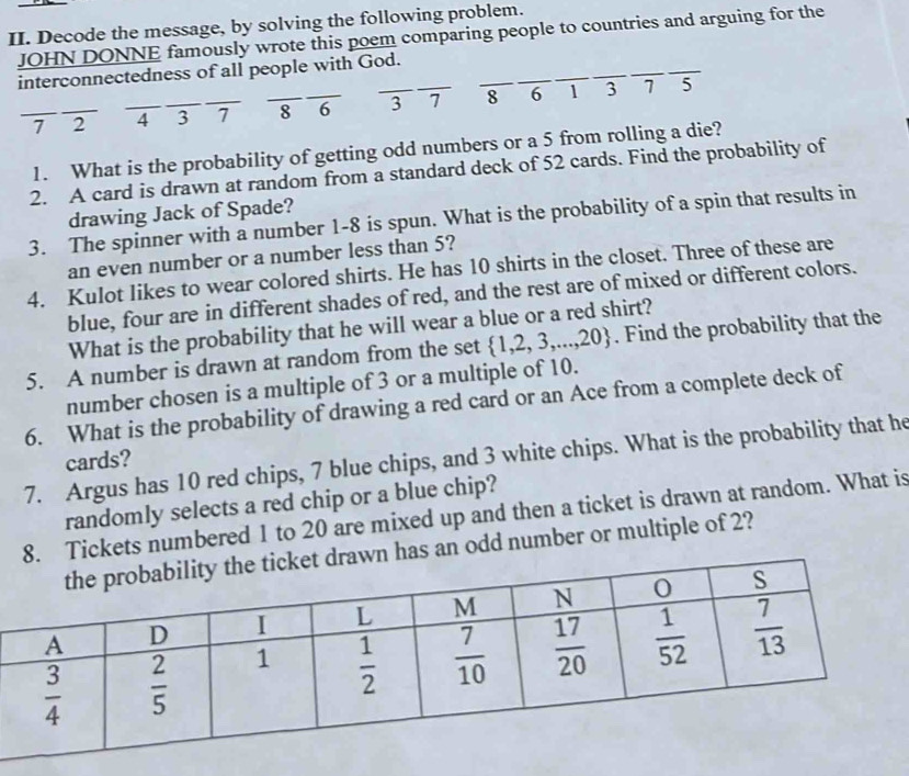 Decode the message, by solving the following problem.
JOHN DONNE famously wrote this poem comparing people to countries and arguing for the
interconnectedness of all people with God.
_7 2 _4 3 7 _8 6 3 7 8 6 ₹1 3 7 5
1. What is the probability of getting odd numbers or a 5 from rolling a die?
2. A card is drawn at random from a standard deck of 52 cards. Find the probability of
drawing Jack of Spade?
3. The spinner with a number 1-8 is spun. What is the probability of a spin that results in
an even number or a number less than 5?
4. Kulot likes to wear colored shirts. He has 10 shirts in the closet. Three of these are
blue, four are in different shades of red, and the rest are of mixed or different colors.
What is the probability that he will wear a blue or a red shirt?
5. A number is drawn at random from the set  1,2,3,...,20. Find the probability that the
number chosen is a multiple of 3 or a multiple of 10.
6. What is the probability of drawing a red card or an Ace from a complete deck of
7. Argus has 10 red chips, 7 blue chips, and 3 white chips. What is the probability that he
cards?
randomly selects a red chip or a blue chip?
8. Tickets numbered 1 to 20 are mixed up and then a ticket is drawn at random. What is
awn has an odd number or multiple of 2?