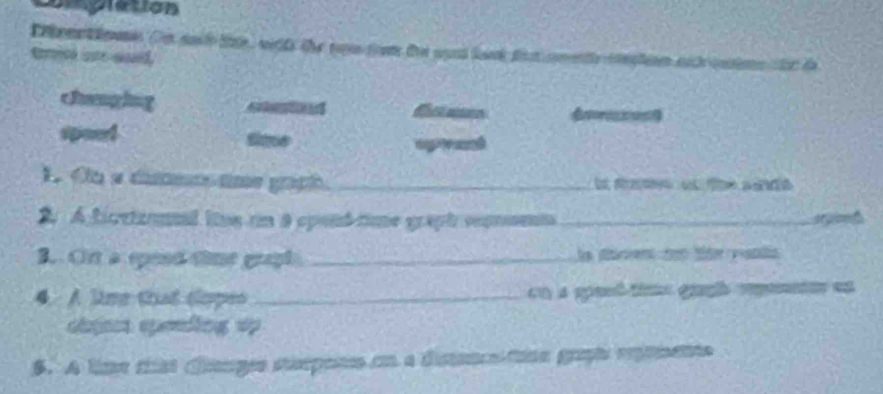 Diplation 
Cntene Cn sod t, wits the no fm te wand lok t 
ans are and 
chng cand 
spoed Sme 
1. Oe a dummn time graph._ i 
2. A ficetzonal lius un 9 spond nme graph coproet_ t 
B.. Ort a speed time graph. _la den de tón vana 
4. A lime that tlopes _en a gaó tims gagl rpnto en 
shps spending up 
S. A lime mst canges sterpens en a distane tine grpts remene