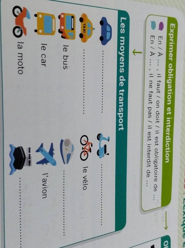 Exprimer obligation et interdiction 
o 
En / À ... , il faut / on doit / il est obligatoire de ..._ 
En / À ... , il ne faut pas / il est interdit de ... 
Les moyens de transport 
_ 
_ 
TAXI _le vélo 
le bus 
_ 
le car |' avion 
la moto 
_