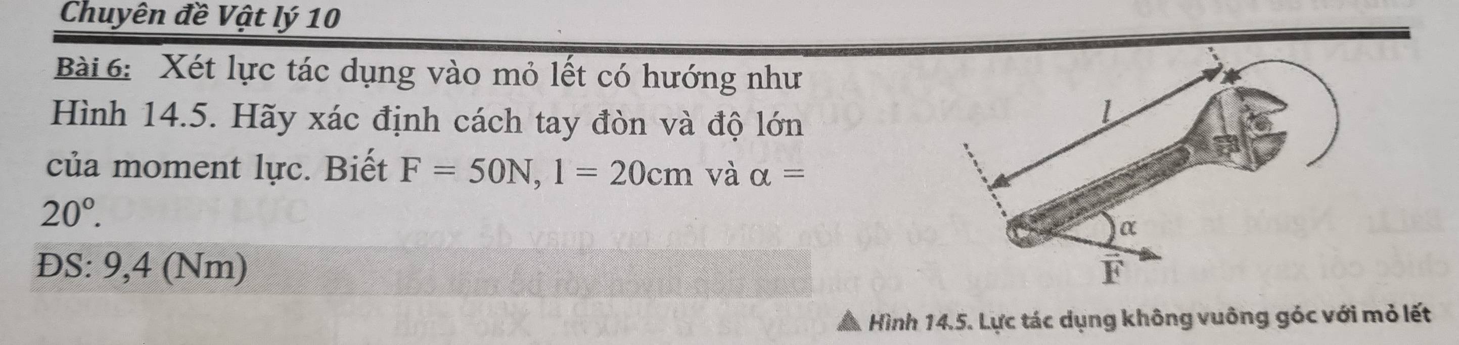 Chuyên đề Vật lý 10 
Bài 6: Xét lực tác dụng vào mỏ lết có hướng như 
Hình 14.5. Hãy xác định cách tay đòn và độ lớn 
của moment lực. Biết F=50N, 1=20cm và alpha =
20°. 
ĐS: 9,4 (Nm) 
Hình 14.5. Lực tác dụng không vuông góc với mỏ lết