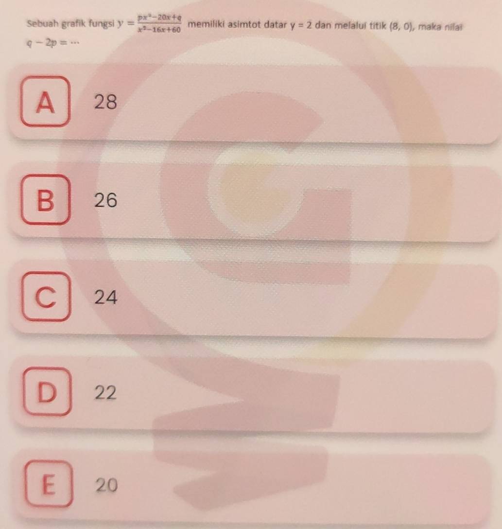 Sebuah grafik fungsi y= (px^2-20x+q)/x^2-16x+60  memiliki asimtot datar y=2 dan melalui titik (8,0) , maka nilai
q-2p=
A 28
B 26
C 24
D 22
E 20