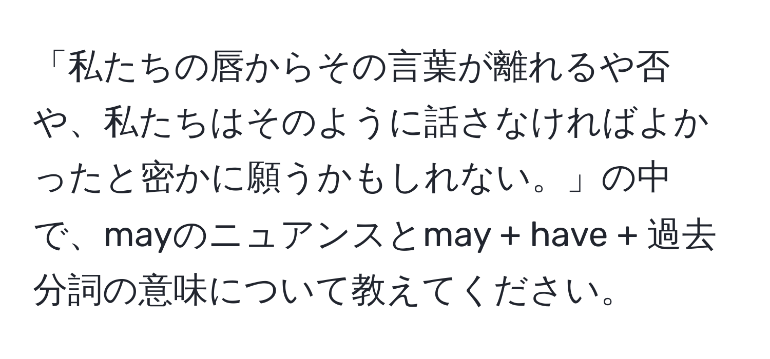 「私たちの唇からその言葉が離れるや否や、私たちはそのように話さなければよかったと密かに願うかもしれない。」の中で、mayのニュアンスとmay + have + 過去分詞の意味について教えてください。