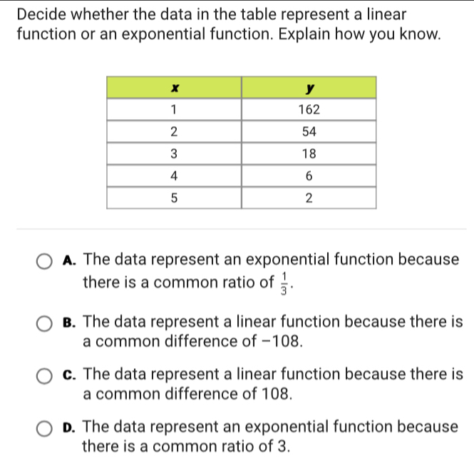 Decide whether the data in the table represent a linear
function or an exponential function. Explain how you know.
A. The data represent an exponential function because
there is a common ratio of  1/3 .
B. The data represent a linear function because there is
a common difference of −108.
c. The data represent a linear function because there is
a common difference of 108.
D. The data represent an exponential function because
there is a common ratio of 3.