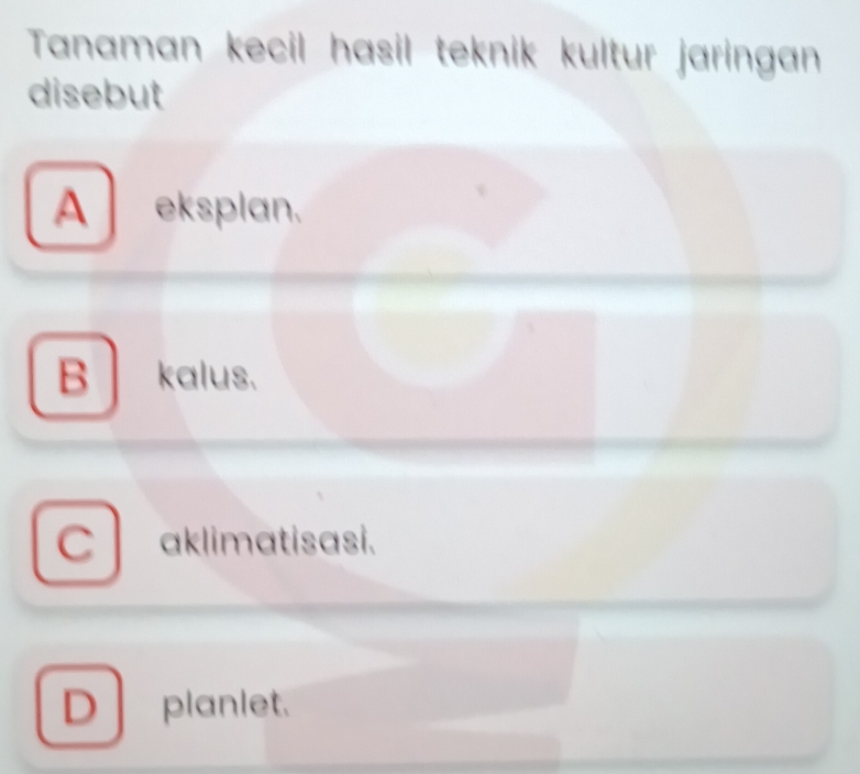 Tanaman kecil hasil teknik kultur jaringan
disebut
A eksplan.
B kalus.
C aklimatisasi.
D planlet.