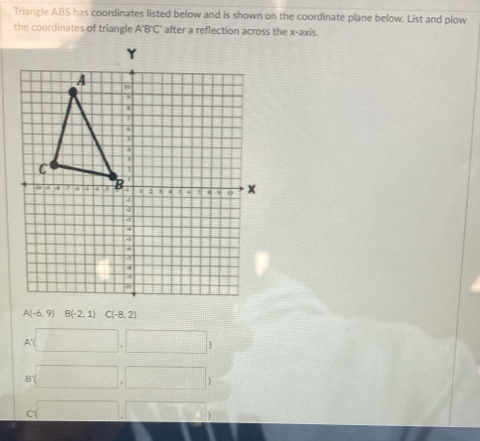 Triangle ABS has coordinates listed below and is shown on the coordinate plane below. List and plow
the coordinates of triangle A'B'C' after a reflection across the x-axis.
A(-6,9) B(-2,1)C(-8,2)
A (□ ,□ )
B (□ ,□ )
c(□ ,□ )