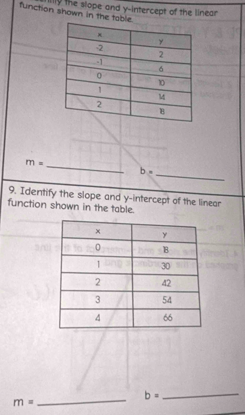 illy the slope and y-intercept of the linear 
function shown in the table
m= _ 
_
b=
9. Identify the slope and y-intercept of the linear 
function shown in the table. 
_
b= _
m=