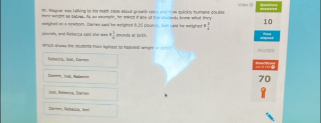 Vides @ Questione
Mr. Wagner was talking to his math class about growth rates and how quickly humans double inswered
their weight as bablies. As an example, he asked if any of the students knew what they 10
weighed as a newborn. Darren said he welghed 8.25 pounds, Joel said he weighed 8 3/4 
pounds, and Rebecca said she was 8 3/8  pounds at birth. etapsed Time
Which shows the students from lightest to heaviest weight of birth? PAUSED
Rebecca, Joel, Darren Sawtšcen
oe of 100 ④
Darren, Joel, Rebecca
70
Joel, Rebecca, Carren
Carren, Rebecca, Joel