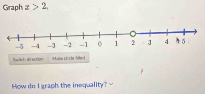 Graph x>2, 
Switch directian Make circle filed 
How do I graph the inequality?