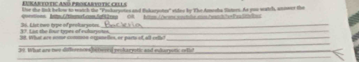 EUKARYOTIC ANó PROKARYOTIC CELLS 
Use the link below to watch the ''Prokaryotes and Eukaryotes'' video by The Amoeha Sisters. As you watch, answer the 
questions htt://tgur1.com/6t2rmg OR htrms//erats.soutule cc/extchivePan lith 2er 
36. List two type of prokaryotes. 
_ 
37. List the fur types of eularyots._ 
_ 
38. What are some common organelles, or parts of all cells?_ 
_ 
39. What are two differences tatweed prokaryotic and eukaryotic cell?_ 
_ 
_