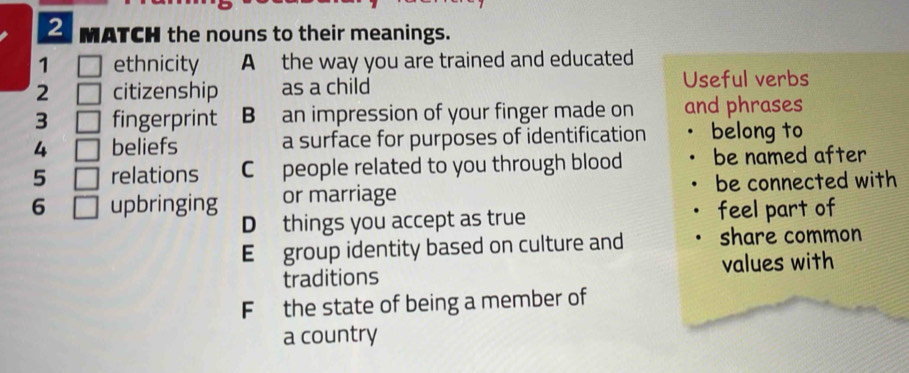 MATCH the nouns to their meanings.
1 ethnicity A the way you are trained and educated
2 citizenship as a child Useful verbs
3 fingerprint B an impression of your finger made on and phrases
4 beliefs a surface for purposes of identification belong to
5 relations Cpeople related to you through blood be named after
6 upbringing or marriage be connected with
D things you accept as true feel part of
E group identity based on culture and share common
traditions values with
F the state of being a member of
a country