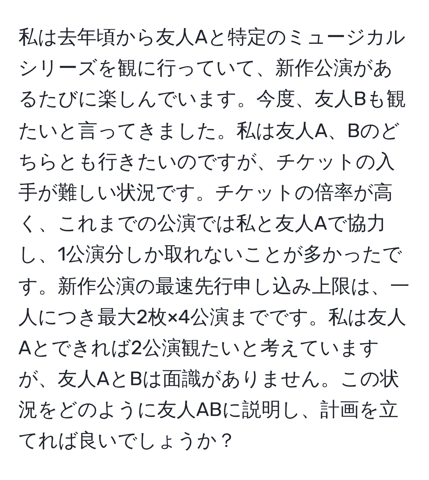 私は去年頃から友人Aと特定のミュージカルシリーズを観に行っていて、新作公演があるたびに楽しんでいます。今度、友人Bも観たいと言ってきました。私は友人A、Bのどちらとも行きたいのですが、チケットの入手が難しい状況です。チケットの倍率が高く、これまでの公演では私と友人Aで協力し、1公演分しか取れないことが多かったです。新作公演の最速先行申し込み上限は、一人につき最大2枚×4公演までです。私は友人Aとできれば2公演観たいと考えていますが、友人AとBは面識がありません。この状況をどのように友人ABに説明し、計画を立てれば良いでしょうか？