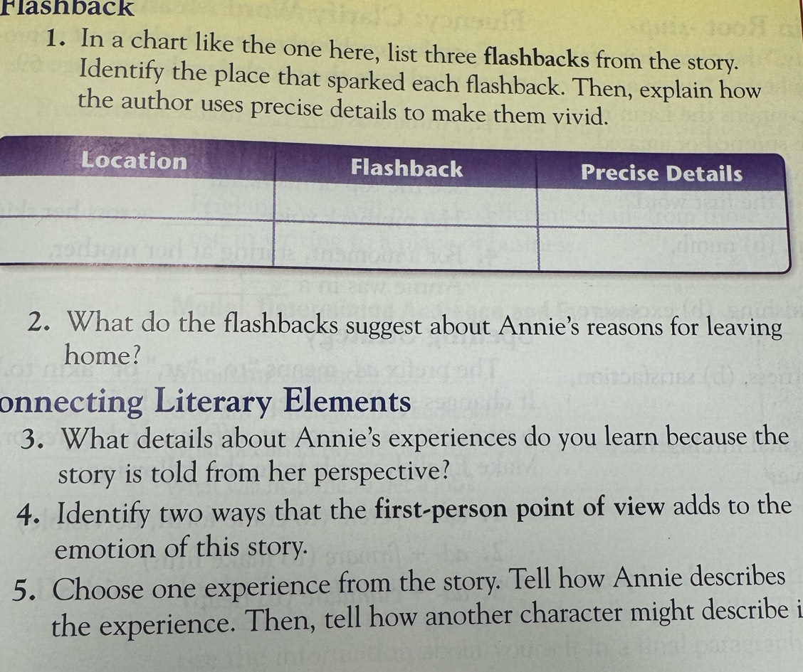 Flashback 
1. In a chart like the one here, list three flashbacks from the story. 
Identify the place that sparked each flashback. Then, explain how 
the author uses precise details to make them vivid. 
2. What do the flashbacks suggest about Annie's reasons for leaving 
home? 
onnecting Literary Elements 
3. What details about Annie’s experiences do you learn because the 
story is told from her perspective? 
4. Identify two ways that the first-person point of view adds to the 
emotion of this story. 
5. Choose one experience from the story. Tell how Annie describes 
the experience. Then, tell how another character might describe i