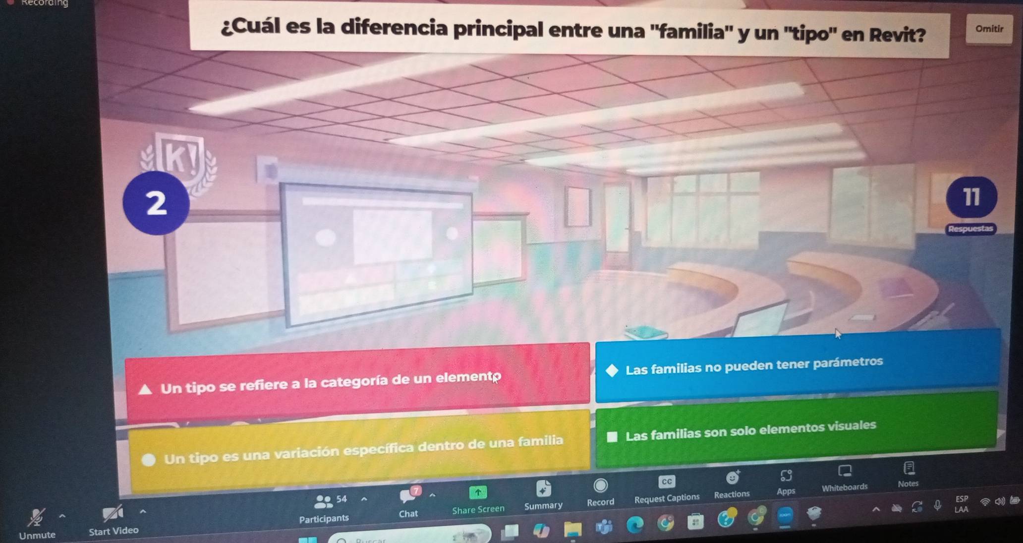 ¿Cuál es la diferencia principal entre una 'familia" y un 'tipo" en Revit? Omitir
2
11
Un tipo se refiere a la categoría de un elementp Las familias no pueden tener parámetros
Un tipo es una variación específica dentro de una familia Las familias son solo elementos visuales
cc
en Summary Record Request Captions Reactions Apps
Whiteb
Unmute Start Video Participants Chat