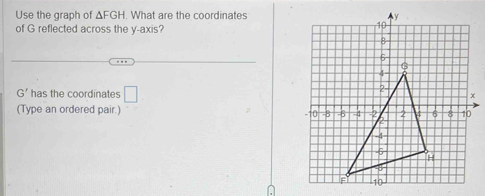 Use the graph of △ FGH. What are the coordinates 
of G reflected across the y-axis?
G' has the coordinates □ 
(Type an ordered pair.)