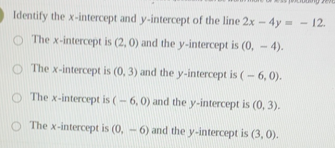 Solved: Identify the x-intercept and y-intercept of the line 2x-4y=-12 ...