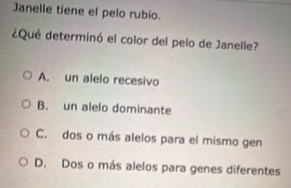 Janelle tiene el pelo rubio.
¿Qué determinó el color del pelo de Janelle?
A. un alelo recesivo
B. un alelo dominante
C. dos o más alelos para el mismo gen
D. Dos o más alelos para genes diferentes