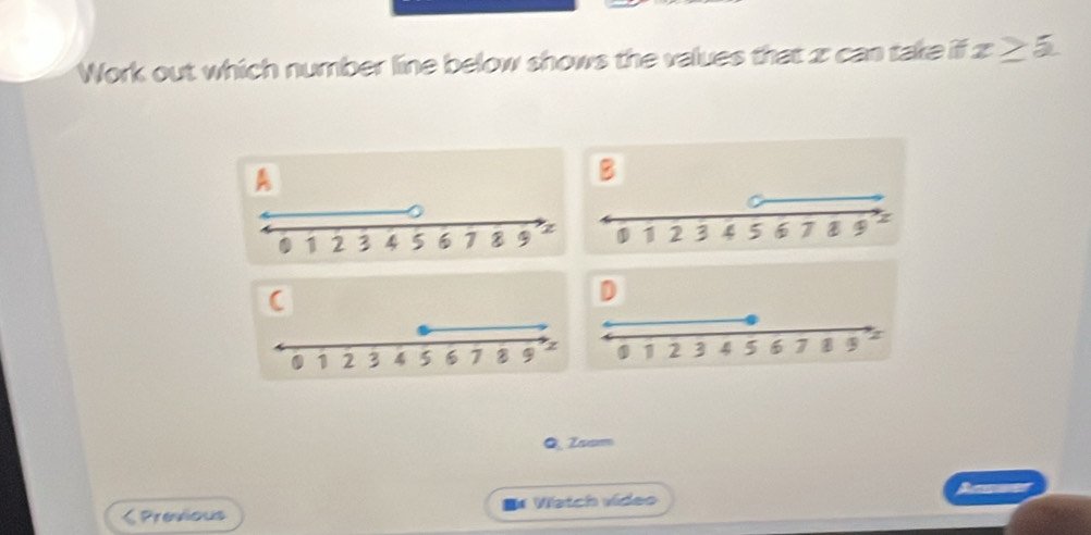 Work out which number line below shows the values that z : can take if x≥ 5. 
A 
QZsam 
< Previous e* Watch vídeo