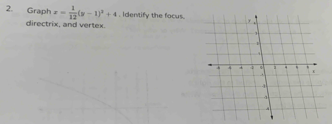 Graph x= 1/12 (y-1)^2+4. Identify the focus, 
directrix, and vertex.