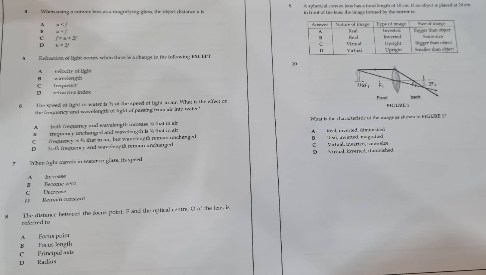 A spherical convex lens has a focal length of 10 cm. If an object is placed at 20 cm
4 When using a convex lens as a magnifying glass, the object distance # is in front of the lens, the image formed by the mirror is:
A u
B u=f
C f
D u>2f
5 Refraction of light occurs when there is a change in the following EXCEPT
10
A velocity of light
B wavelength
C frequency F_1 F 2F_2
O2F1
D refractive index
Front back
6 The speed of light in water is % of the speed of light in air. What is the effect on
the frequency and wavelength of light of passing from air into water? FIGURE 1
A both frequency and wavelength increase ¾ that in air What is the characteristic of the image as shown in FIGURE 1?
B frequency unchanged and wavelength is ¾ that in air
A Real, inverted, diminished
C frequency is ¾ that in air, but wavelength remain unchanged B Real, inverted, magnified
D both frequency and wavelength remain unchanged C Virtual, inverted, same size
D Virtual, inverted, diminished
7 When light travels in water or glass, its speed
A Increase
B Become zero
C Decrease
D Remain constant
8 The distance between the focus point, F and the optical centre, O of the lens is
referred to
A Focus point
B Focus length
C Principal axis
D Radius