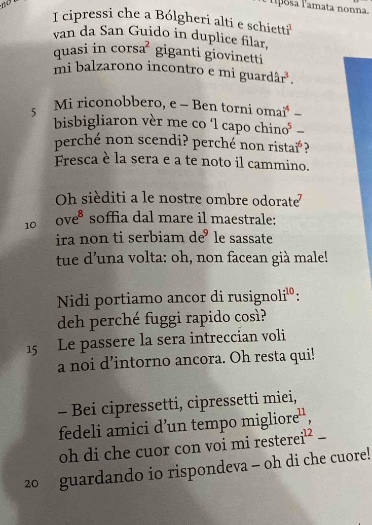 lpósa lamata nonna. 
I cipressi che a Bólgheri alti e schietti' 
van da San Guido in duplice filar, 
quasi in corsa^2 giganti giovinetti 
mi balzarono incontro e mi guaró 12r^3. 
5 
Mi riconobbero, e - Ben torni oma i^4 _ 
bisbigliaron vèr me co ‘l capo chin 0^5- _ 
perché non scendi? perché non rist ai^6 ? 
Fresca è la sera e a te noto il cammino. 
Oh sièditi a le nostre ombre odorate 
10 ove^8 soffia dal mare il maestrale: 
ira non ti serbiam de^9 le sassate 
tue d’una volta: oh, non facean già male! 
Nidi portiamo ancor di rusignol i^(10)
deh perché fuggi rapido così? 
15 Le passere la sera intreccian voli 
a noi d’intorno ancora. Oh resta qui! 
- Bei cipressetti, cipressetti miei, 
fedeli amici d’un tempo miglie ore^(11), 
oh di che cuor con voi mi restere i^(12)-
20 guardando io rispondeva - oh di che cuore!