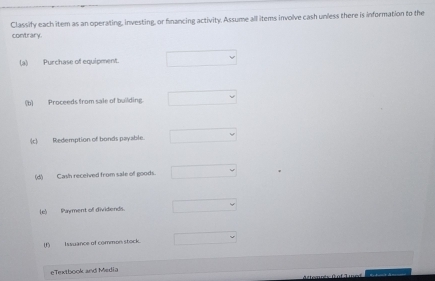 Solved: Classify each item as an operating, investing, or financing ...