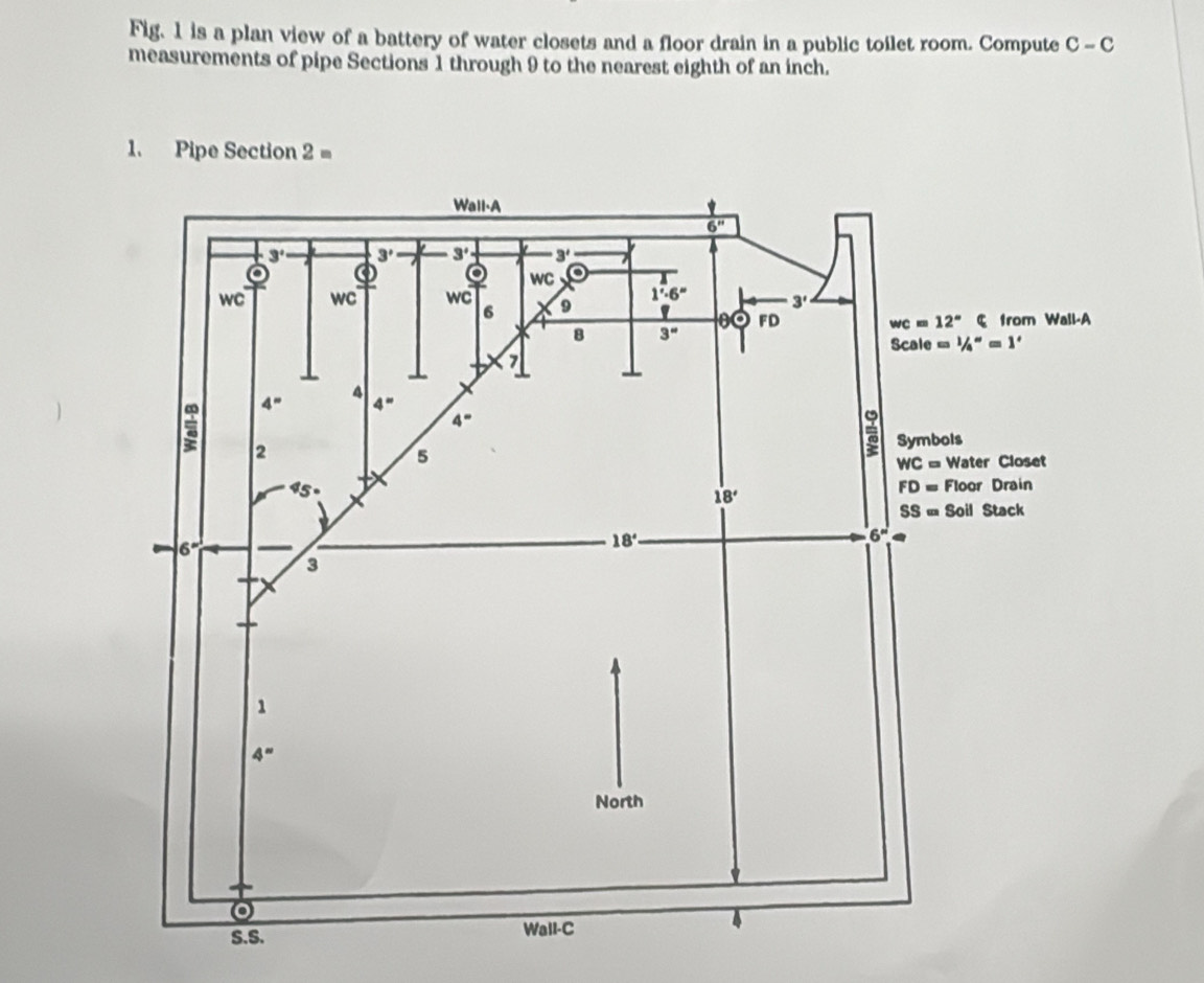 Fig. 1 is a plan view of a battery of water closets and a floor drain in a public toilet room. Compute C-C
measurements of pipe Sections 1 through 9 to the nearest eighth of an inch.
1. Pipe Section 2=