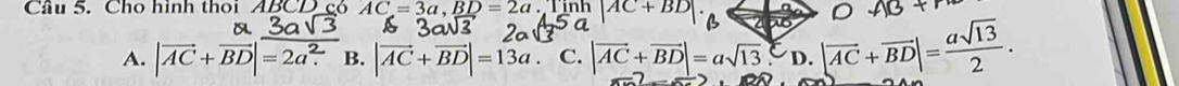 Cầu 5. Cho hình thoi ABCD có AC=3a, BD=2a |AC+BD
A. |vector AC+vector BD|=2a^2. B. |vector AC+vector BD|=13a C. |vector AC+vector BD|=asqrt(13).b. |vector AC+vector BD|= asqrt(13)/2 .