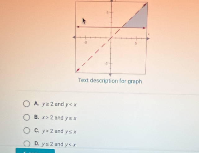 A. y≥ 2 and y
B. x>2 and y≤ x
C. y>2 and y≤ x
D. y≤ 2 and y