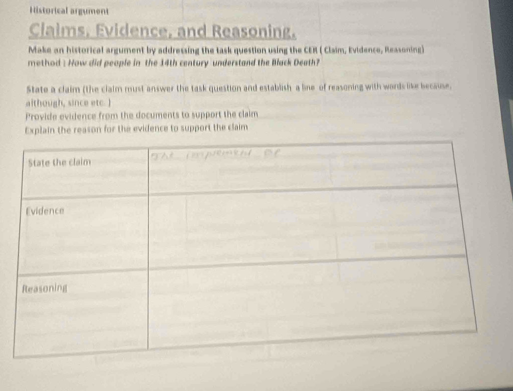 Historical argument 
Claims, Evidence, and Reasoning. 
Make an historical argument by addressing the task question using the CER ( Claim, Evidence, Reasoning) 
method : Now did people in the 14th century understand the Black Death? 
State a claim (the claim must answer the task question and establish a line of reasoning with words like because, 
aithough, since etc. ) 
Provide evidence from the documents to support the claim 
Explain the reason for the evidence to support the claim