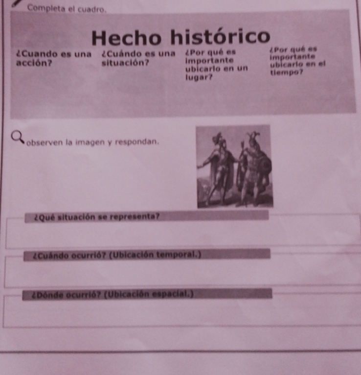 Completa el cuadro. 
Hecho histórico 
¿Cuando es una ¿Cuándo es una . ¿Por qué es ¿Por qué es 
acción? situación? importante importante 
ubicarío en un ubicarlo en el 
lugar? tlempo? 
observen la imagen y respondan. 
¿Qué situación se representa? 
¿Cuándo ocurrió? (Ubicación temporal.) 
¿Dónde ocurrió? (Ubicación espacial.)