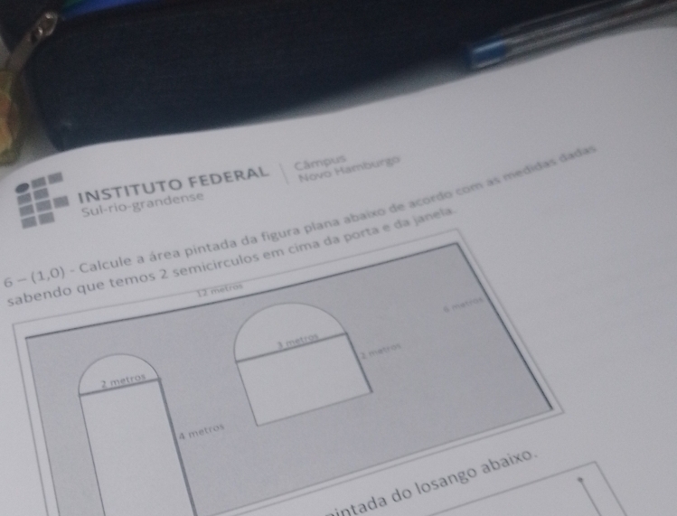 Novo Hamburgo 
INSTITUTO FEDERAL Câmpus 
Sul-rio-grandense
6-(1,0) - Calcule a área pintada da figura plana abaixo de acordo com as medidas dada 
sabendo que temos 2 semicirculos em cima da porta e da janela
12 metros
tros
2 metros
4 metros
intada do losango abaixo