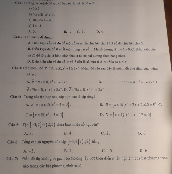 Trong các mệnh đề sau có bao nhiêu mệnh đề sai?
a) 3≥ 3.
b) forall x∈ R:x^2>0.
c) 10-2+4=4,
d) 1
A. 3. B. 1 . C. 2 . D. 4 .
Câu 2: Tìm mệnh đề đúng.
A. Điều kiện cần và đủ để một số tự nhiên chia hết cho 15 là số đó chia hết cho 5.
B. Điều kiện đủ để ít nhất một trong hai số a, b là số dương là a+b>0.C * Điều kiện cần
và đủ để tứ giác là hình chữ nhật là nó có hai đường chéo bằng nhau.
D. Điều kiện cần và đủ đề σ và b đều là số hữu tỉ là a+b là số hữu tỉ
Câu 3: Cho mệnh đề P:''forall x∈ R,x^2+1≥ 2x^n. Mệnh đề nào sau đây là mệnh đề phủ định của mệnh
dèp?
A. overline P:''forall x∈ R,x^2+1!= 2x^n. B. overline P:^nexists x∈ R,x^2+1!= 2x^n.C.
overline P:''exists x∈ R,x^2+1<2x^m , D. overline P:^nexists x∈ R,x^2+1≤ 2x^n.
Câu 4: Trong các tập hợp sau, tập hợp nào là tập rỗng?
A. A= x∈ N|x^2-4=0 . B. B= x∈ R|x^2+2x+2025=0 .C.
C= x∈ R|x^2-5=0 .
D. D= x∈ Q|x^2+x-12=0 .
Câu 5: Tập [-3;7]∩ (2;5) chứa bao nhiêu số nguyên?
A. 3 . B. 4. C. 2. D. 6
Câu 6: Tổng các số nguyên của tập [-3;2]vee (1;2) bằng
A. -3 . B. 4. C. -5 . D. 6
Câu 7: Phần đồ thị không bị gạch bỏ (không lấy bờ) biểu diễn miền nghiệm của bắt phương trình
nào trong các bất phương trình sau?