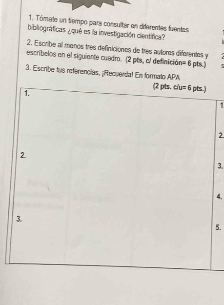 Tómate un tiempo para consultar en diferentes fuentes 
bibliográficas ¿qué es la investigación científica? 
2. Escribe al menos tres definiciones de tres autores diferentes y 
escríbelos en el siguiente cuadro. (2 pts, c/ definición =6 pts.) 
3. Escribe tus referencias, ¡Recuerda! En formato APA 
(2 pts. c/u=6 pts.) 
1. 
1 
2. 
2. 
3. 
4. 
3. 
5.