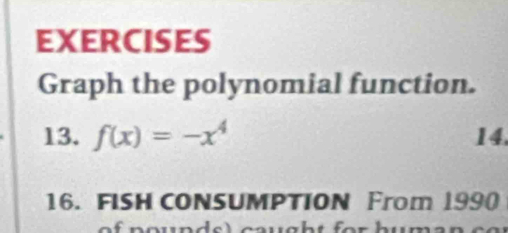 EXERCISES 
Graph the polynomial function. 
13. f(x)=-x^4 14. 
16. FISH CONSUMPTION From 1990 
of n ounds ) caught for hum