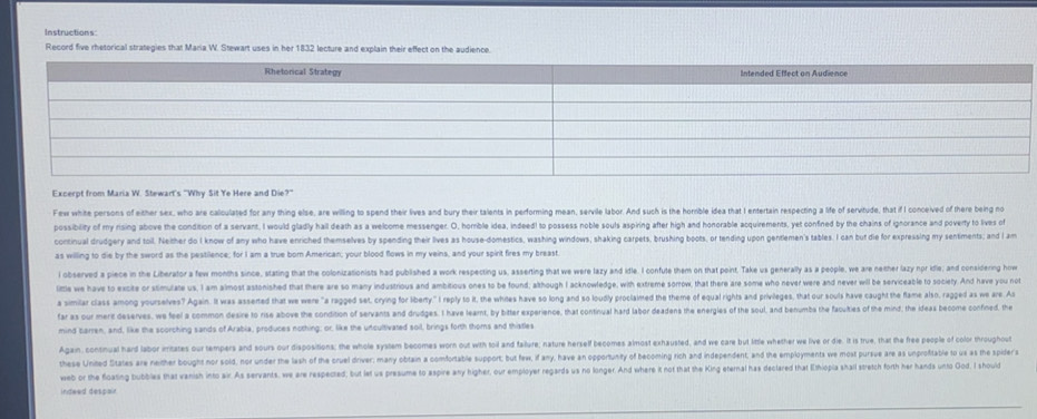 Solved: Record five rhetorical strategies that Maria W. Stewart uses in ...