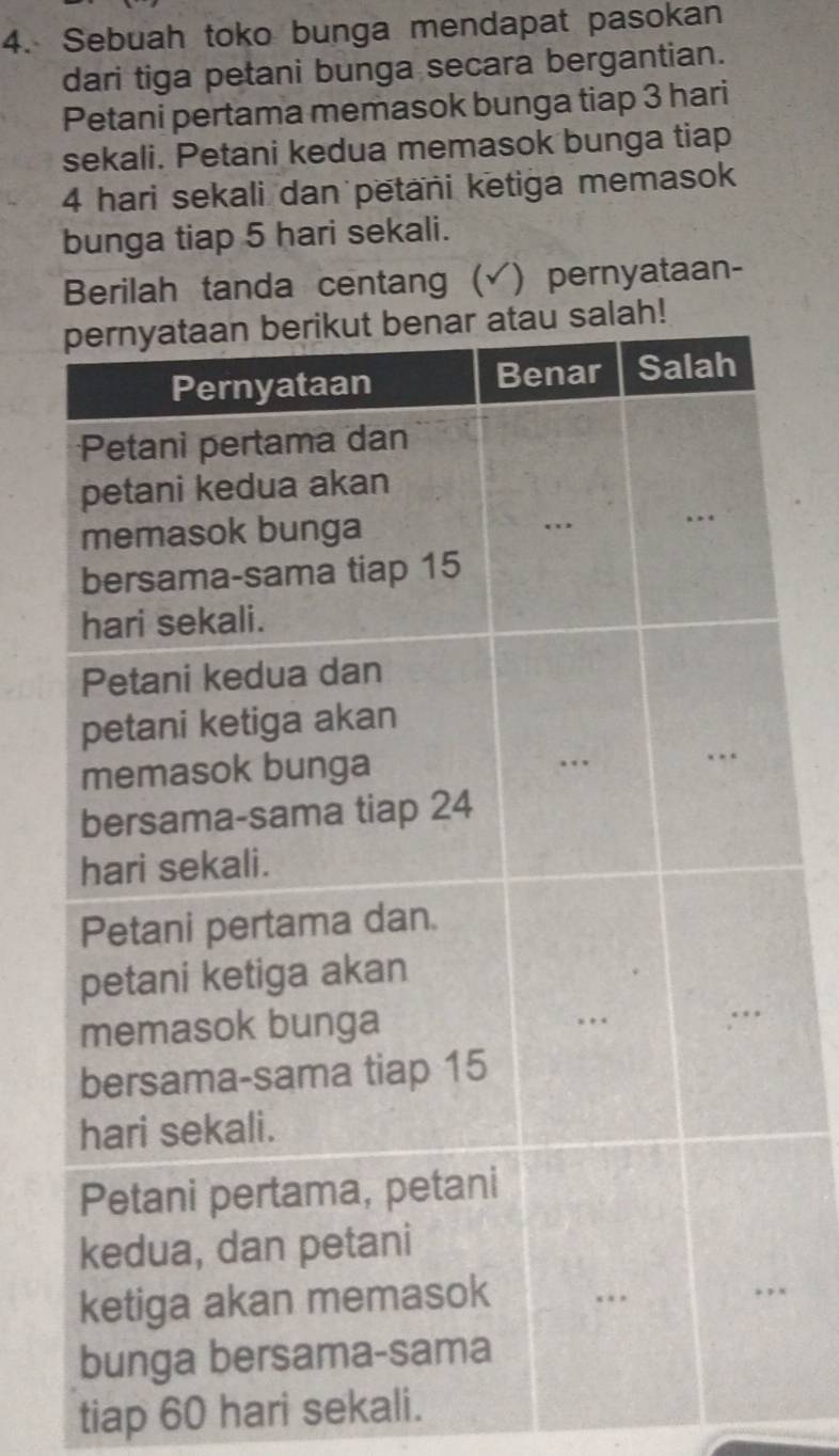 Sebuah toko bunga mendapat pasokan 
dari tiga petani bunga secara bergantian. 
Petani pertama memasok bunga tiap 3 hari
sekali. Petani kedua memasok bunga tiap
4 hari sekali dan petani ketiga memasok 
bunga tiap 5 hari sekali. 
Berilah tanda centang (√) pernyataan- 

tiap 60 hari sekali.