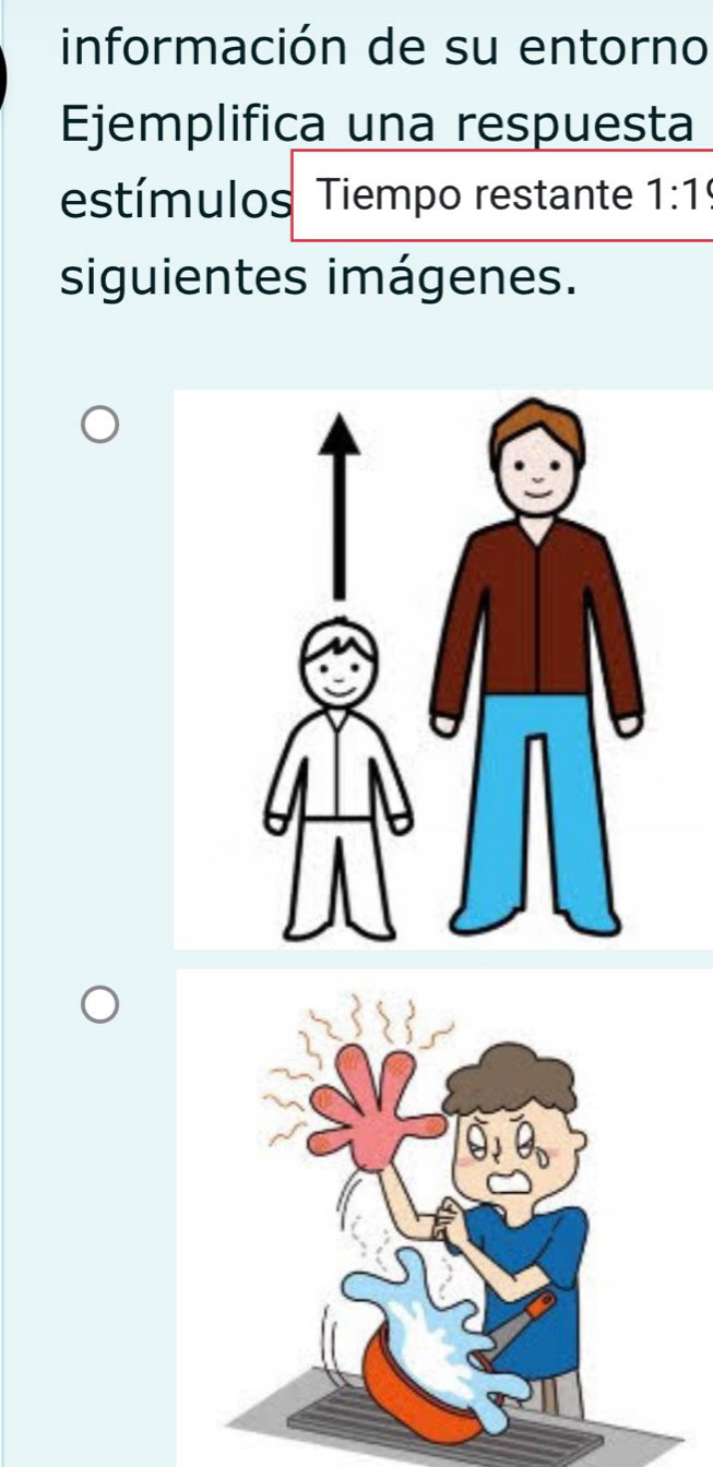 información de su entorno 
Ejemplifica una respuesta 
estímulos Tiempo restante 1:19
siguientes imágenes.