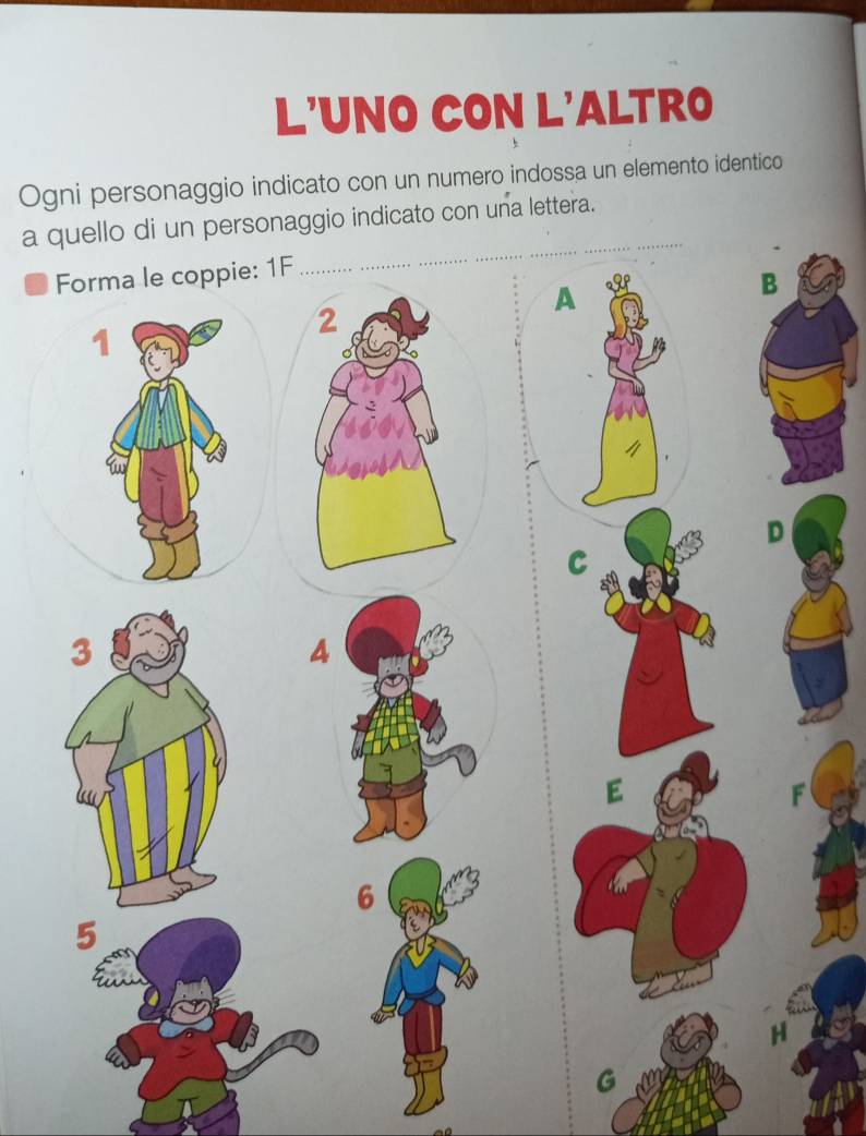 L'UNO CON L'ALTRO 
Ogni personaggio indicato con un numero indossa un elemento identico 
a quello di un personaggio indicato con una lettera.