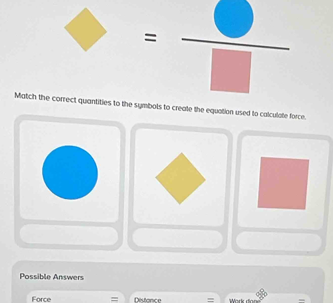 = □ /□  
Match the correct quantities to the symbols to create the equation used to calculate force. 
Possible Answers 
Force Distance = Work don =