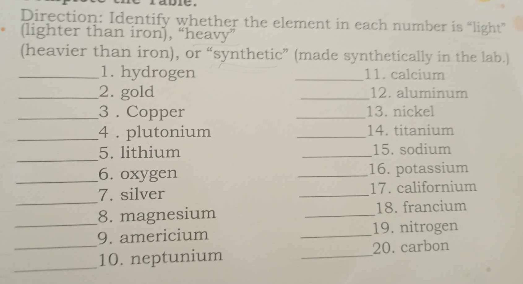 Direction: Identify whether the element in each number is “light” 
(lighter than iron), “heavy” 
(heavier than iron), or “synthetic” (made synthetically in the lab.) 
_1. hydrogen _11. calcium 
_2. gold _12. aluminum 
_3 . Copper _13. nickel 
_4 . plutonium _14. titanium 
_ 
5. lithium 
_15. sodium 
_6. oxygen _16. potassium 
_ 
7. silver _17. californium 
_8. magnesium _18. francium 
_ 
_ 
9. americium 
19. nitrogen 
_ 
10. neptunium 
_ 
20. carbon