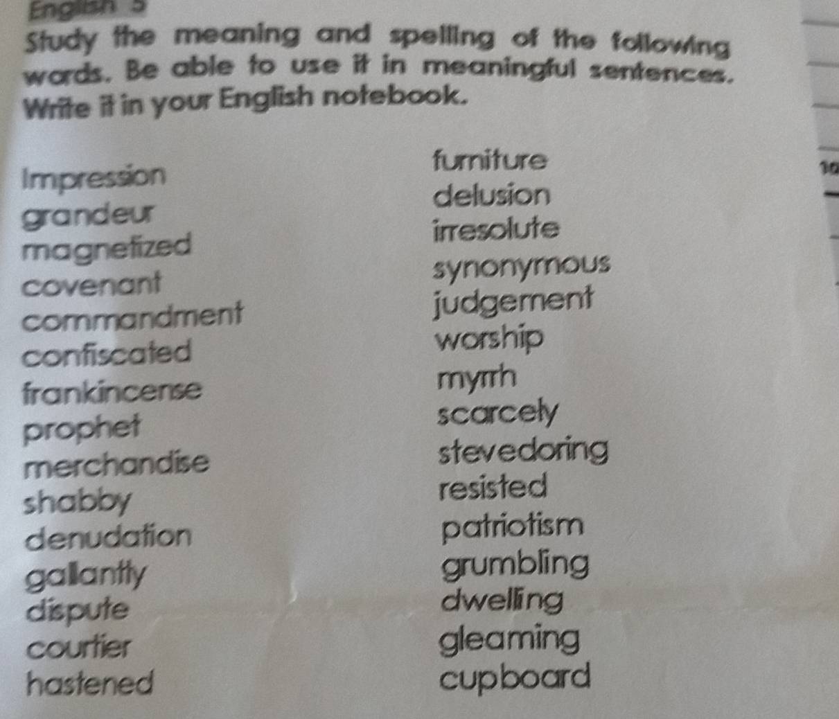 English 5 
Study the meaning and spelling of the following 
wards. Be able to use it in meaningful sentences. 
Write it in your English notebook. 
Impression 
furniture
10
delusion 
grandeur 
magnetized 
irresolute 
covenant synonymous 
commandment judgement 
confiscated worship 
frankincense myrrh 
prophet scarcely 
merchandise 
stevedoring 
shabby 
resisted 
denudation patriotism 
gallantly grumbling 
dispute 
dwelling 
courtier gleaming 
hastened cupboard