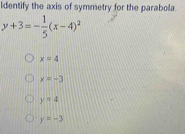 Identify the axis of symmetry for the parabola.
y+3=- 1/5 (x-4)^2
x=4
x=-3
y=4
y=-3