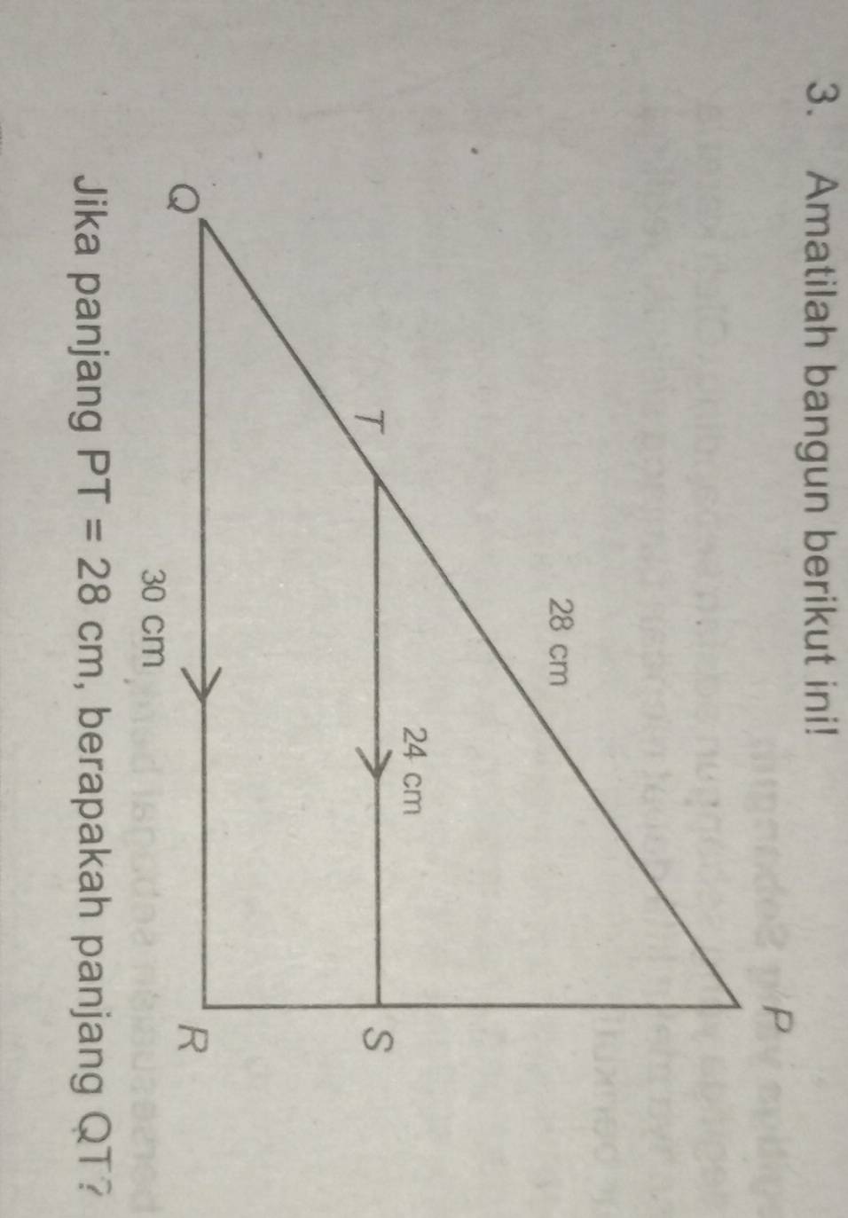 Jika panjang PT=28cm , berapakah panjang QT?