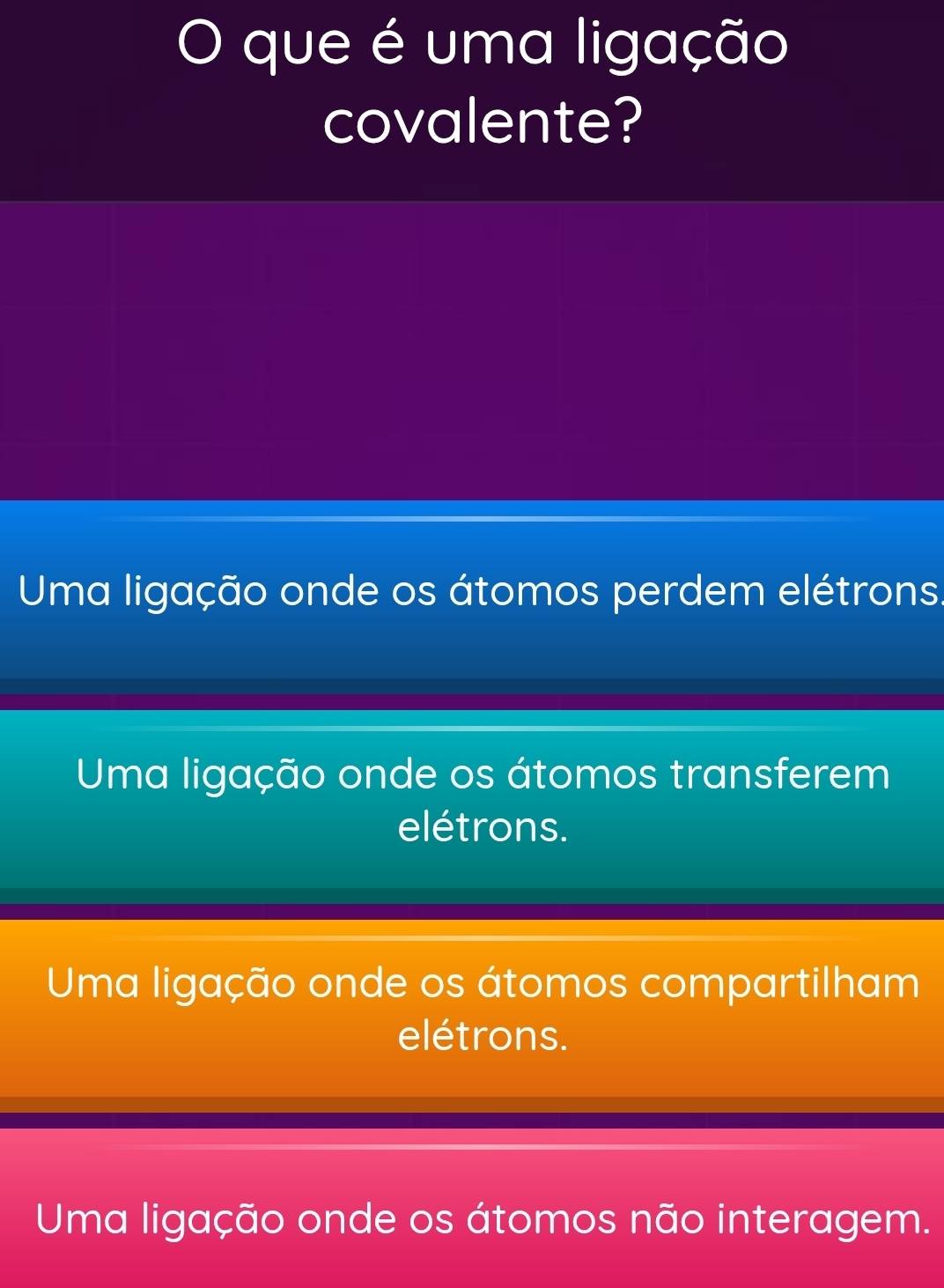 que é uma ligação
covalente?
Uma ligação onde os átomos perdem elétrons
Uma ligação onde os átomos transferem
elétrons.
Uma ligação onde os átomos compartilham
elétrons.
Uma ligação onde os átomos não interagem.