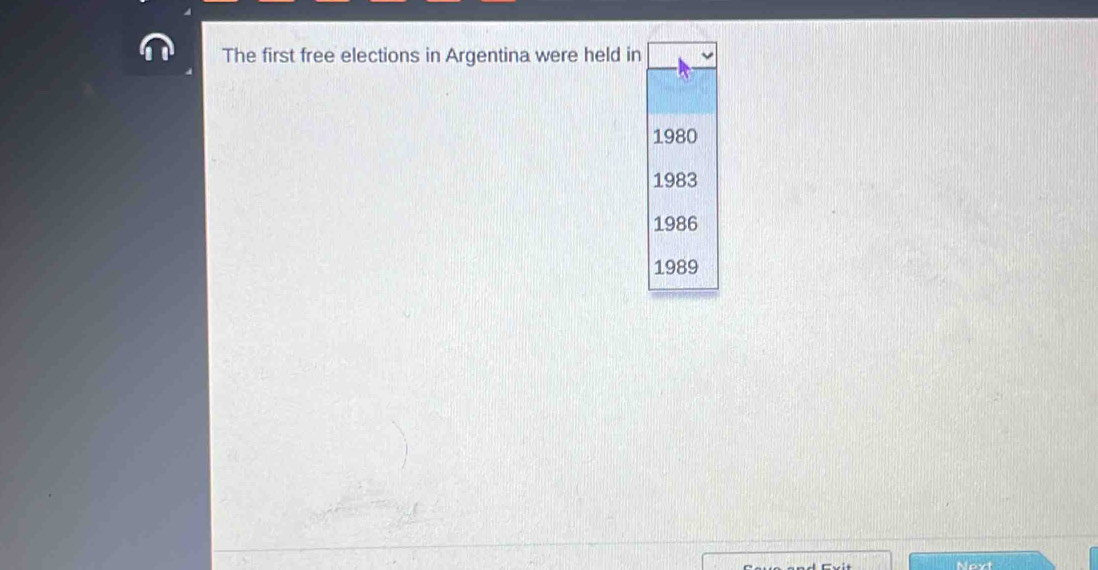 The first free elections in Argentina were held in
1980
1983
1986 
1989 
Naxt