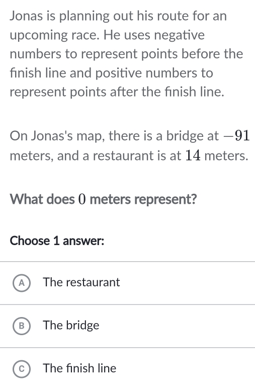 Jonas is planning out his route for an
upcoming race. He uses negative
numbers to represent points before the
finish line and positive numbers to
represent points after the finish line.
On Jonas's map, there is a bridge at —91
meters, and a restaurant is at 14 meters.
What does 0 meters represent?
Choose 1 answer:
The restaurant
The bridge
C The finish line