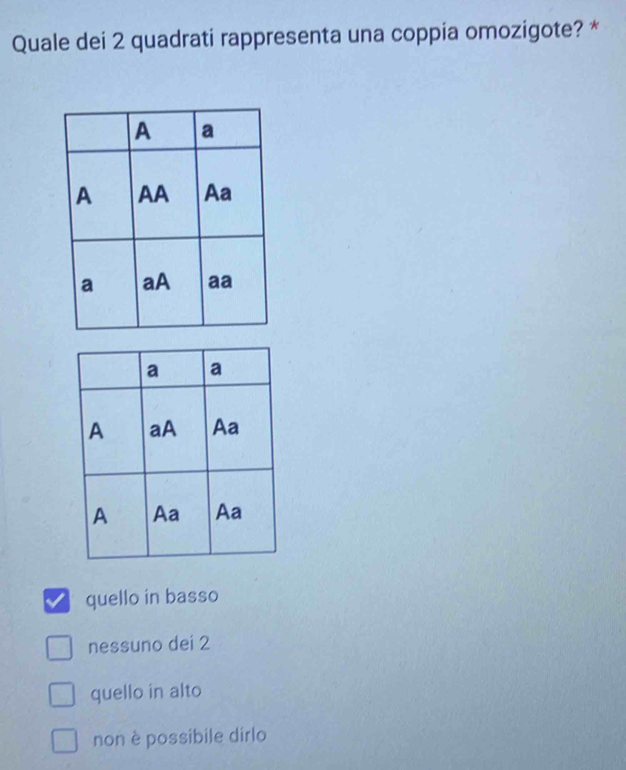 Quale dei 2 quadrati rappresenta una coppia omozigote? *
quello in basso
nessuno dei 2
quello in alto
non è possibile dirlo